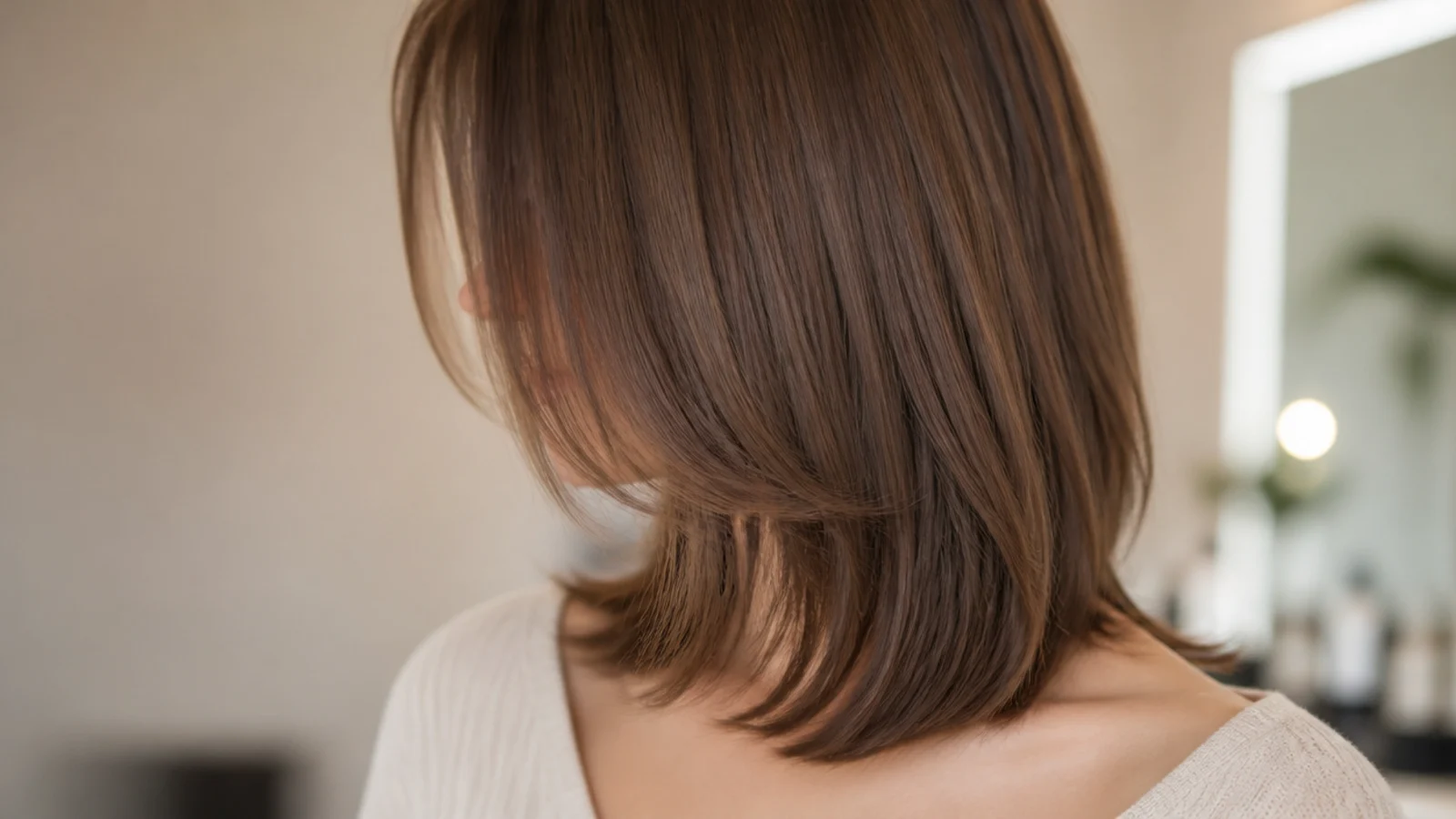 Straight mid length hair with soft feathered layers tapering around the face and through the ends