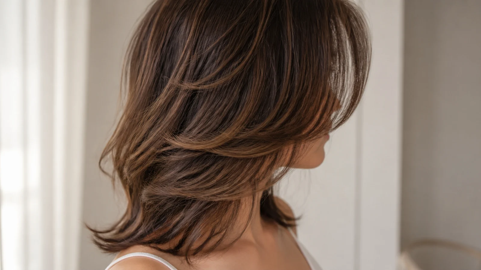 Mid length layered haircut with a bottleneck fringe narrow at the brow and flaring at the cheekbone