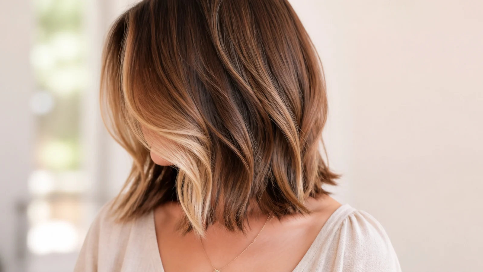 Mid length layered hair with brightened money piece highlights on the jaw-length face-framing layers