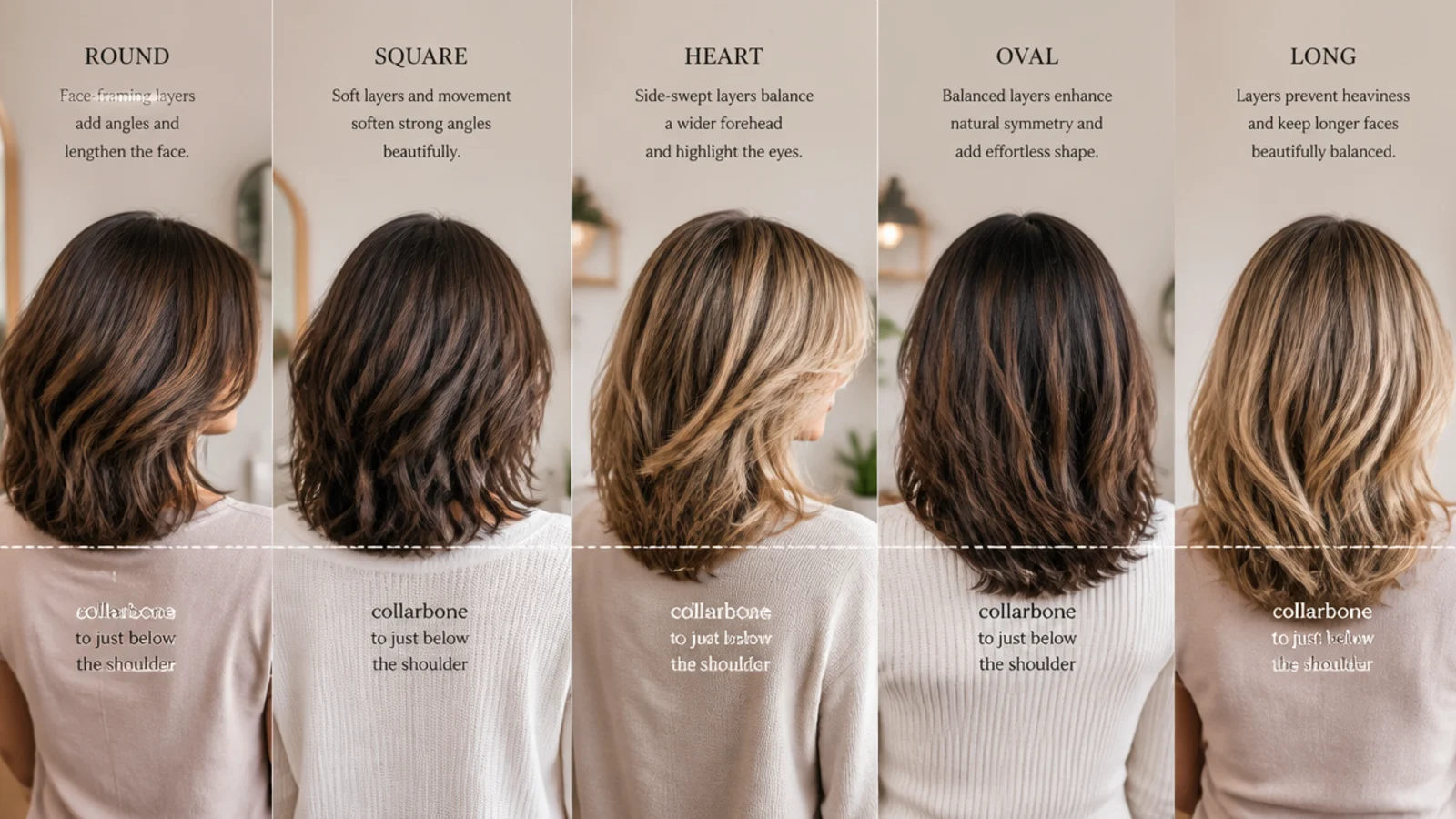 Mid length layered haircuts shown on round, square, heart, oval and long face shapes