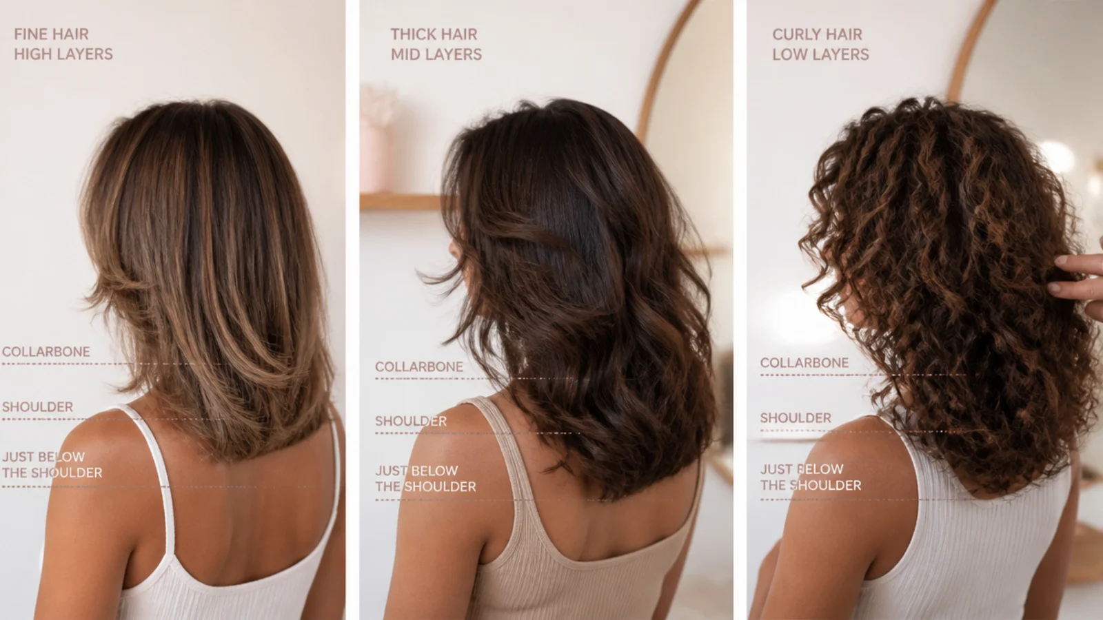 Fine, thick and curly mid length hair compared showing different layer placement for each type