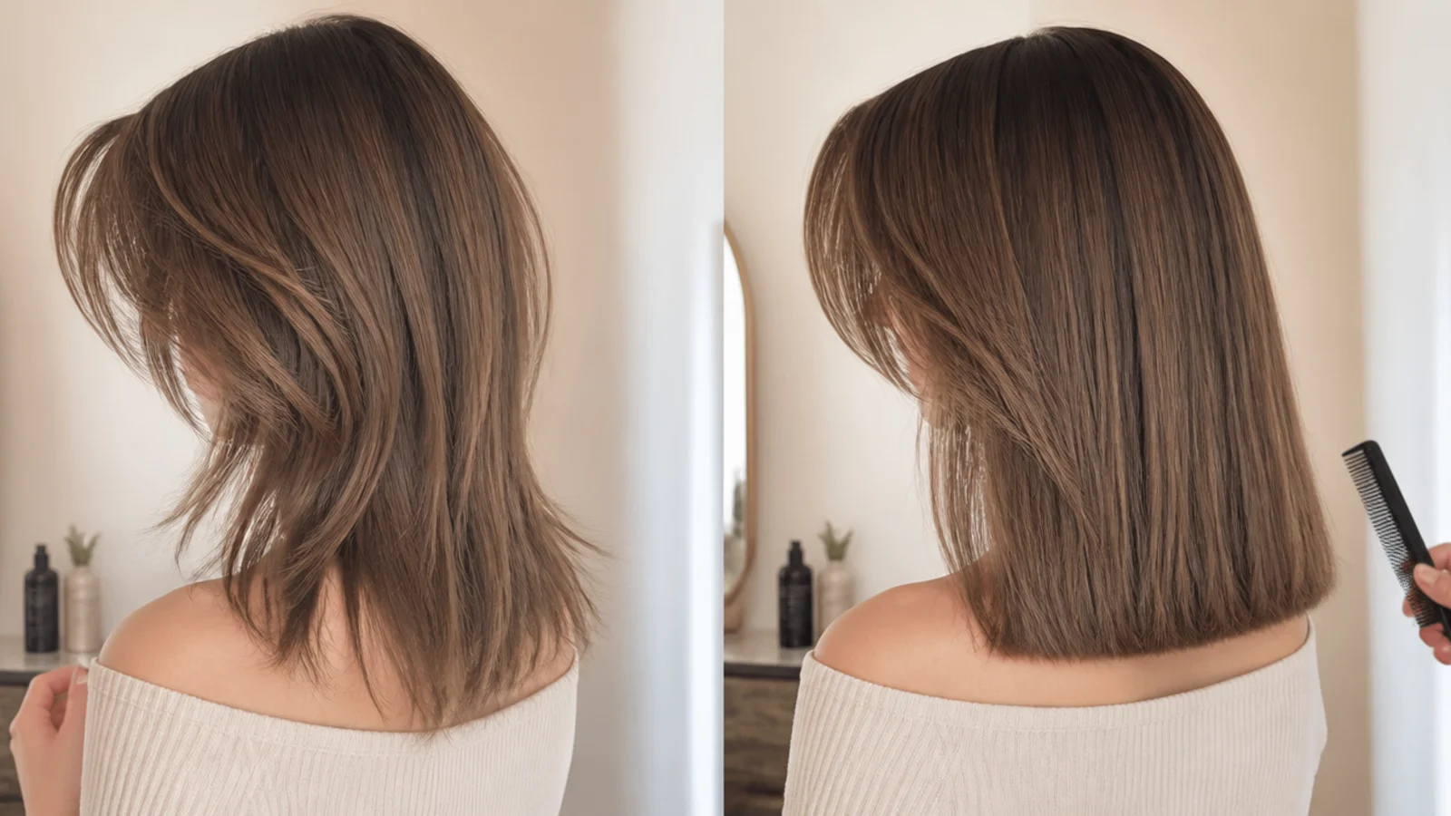 Mid length hair with over-layered sparse ends beside a corrected blunt perimeter with fewer layers