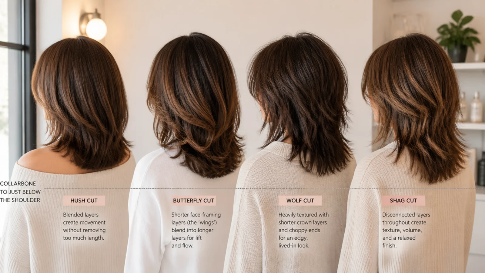 Four mid length layered haircuts compared showing hush cut, butterfly cut, wolf cut and shag layer placement