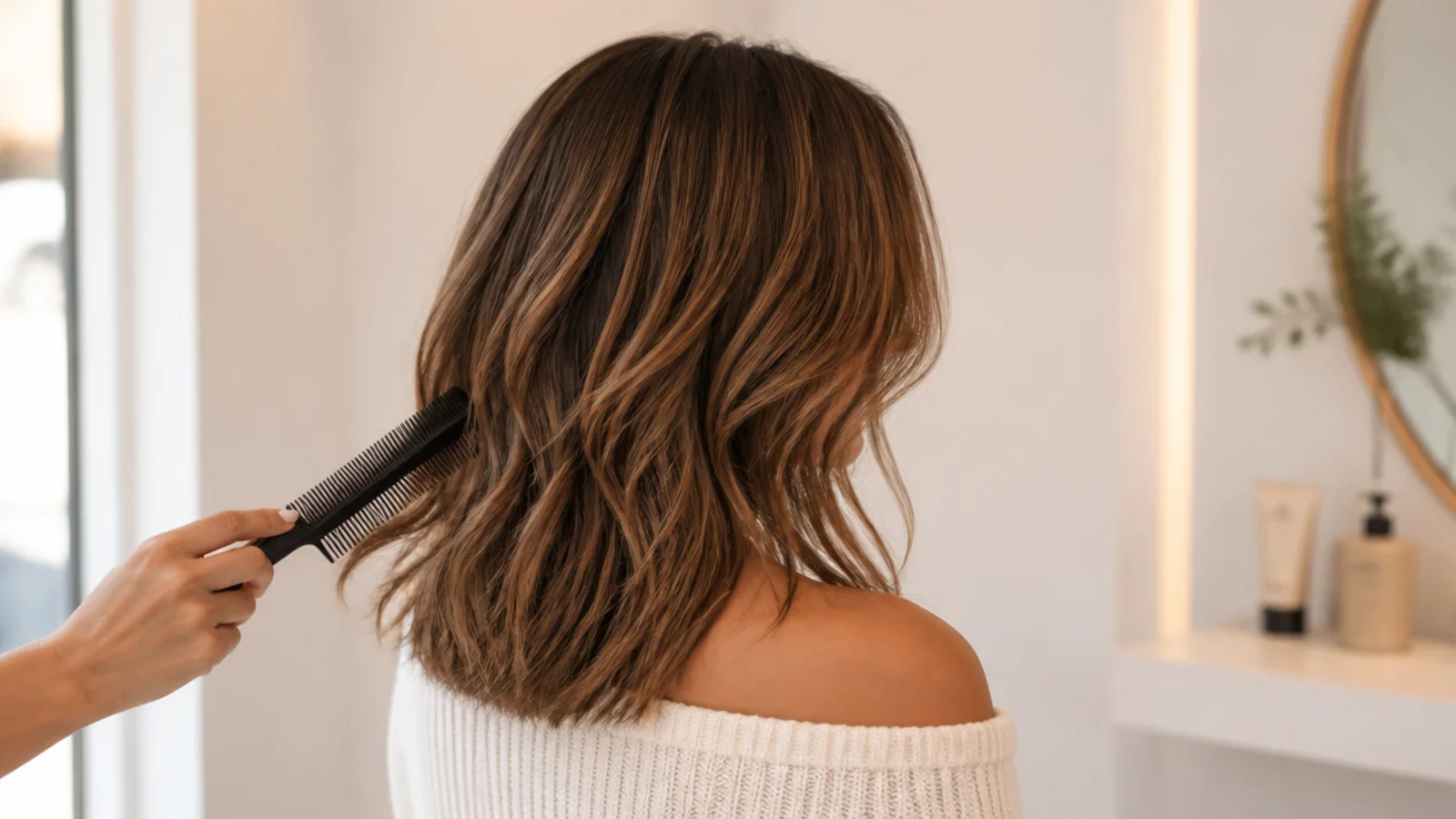 Mid length hair measured against the collarbone and shoulder to show where the length lands