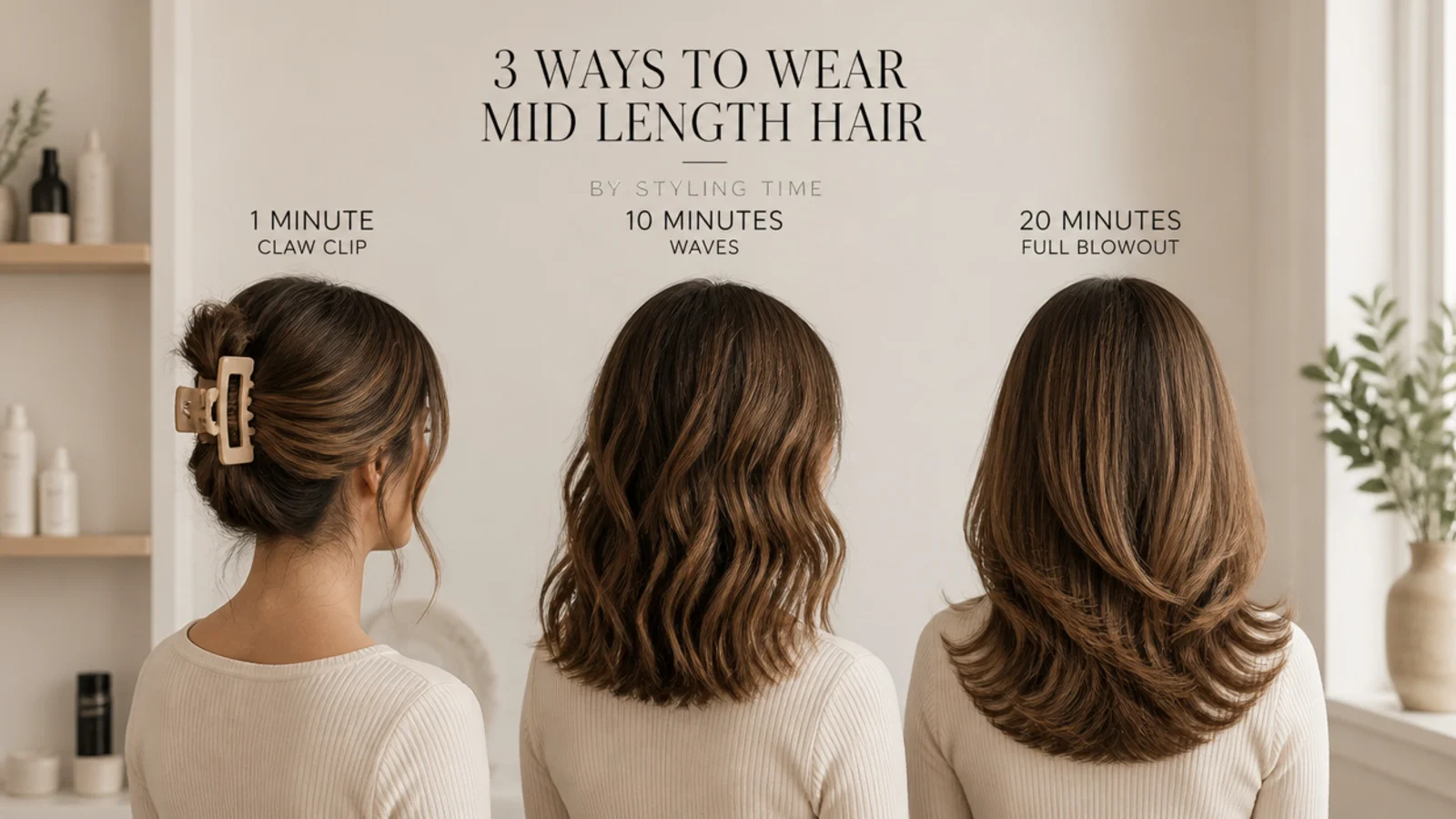 Three mid length hairstyles compared by styling time, claw clip, waves and full blowout