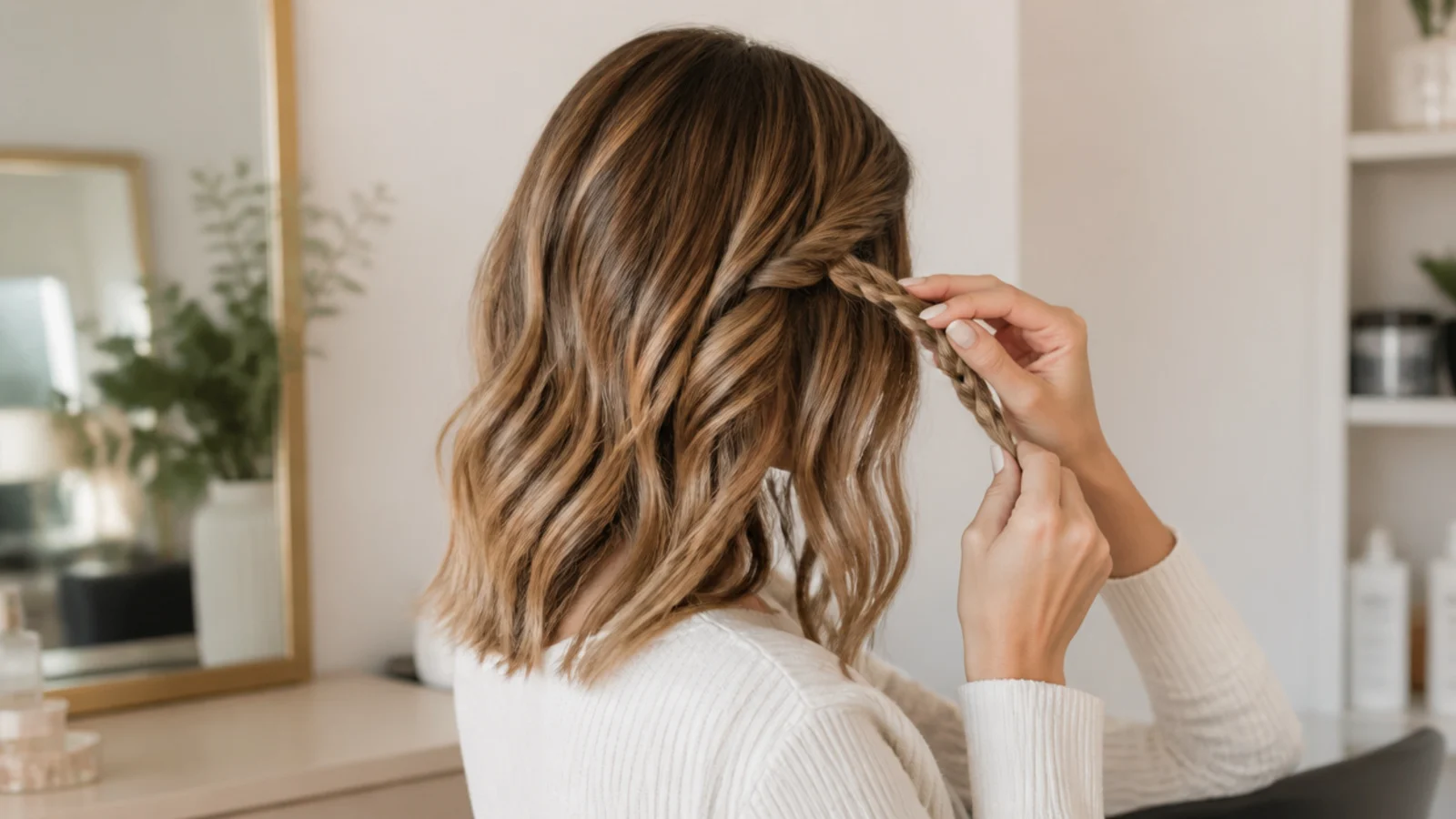 Mid length haircut in the grow-out stage styled with a front braid to disguise uneven layers