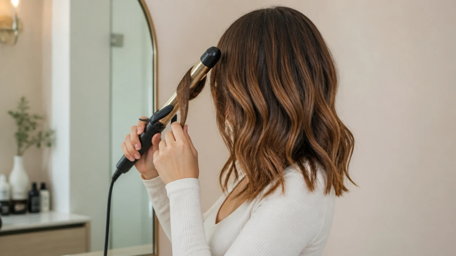 Woman styling a collarbone length mid length haircut into loose waves with a 1.25 inch curling iron