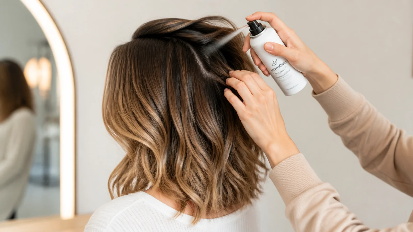 Day-two mid length hair being refreshed with dry shampoo at the roots before styling
