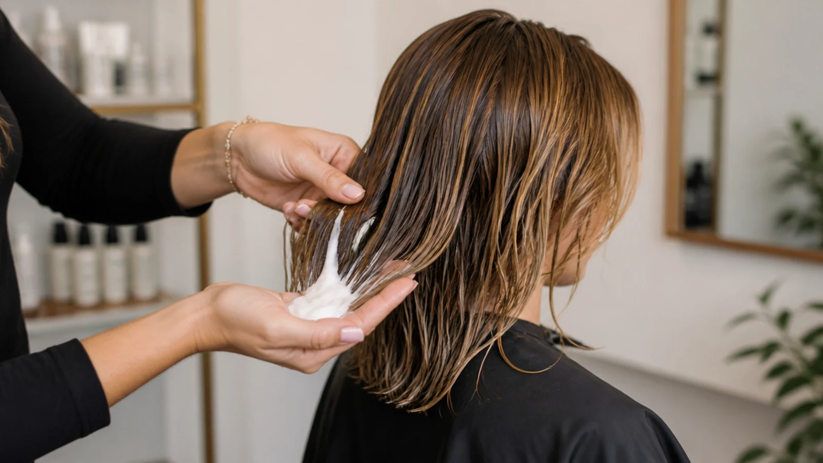 Mousse being worked through damp mid length hair from the mid-lengths to the ends