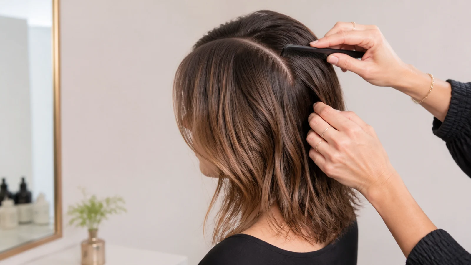 Comb setting a deep side part in slightly damp mid length hair before styling