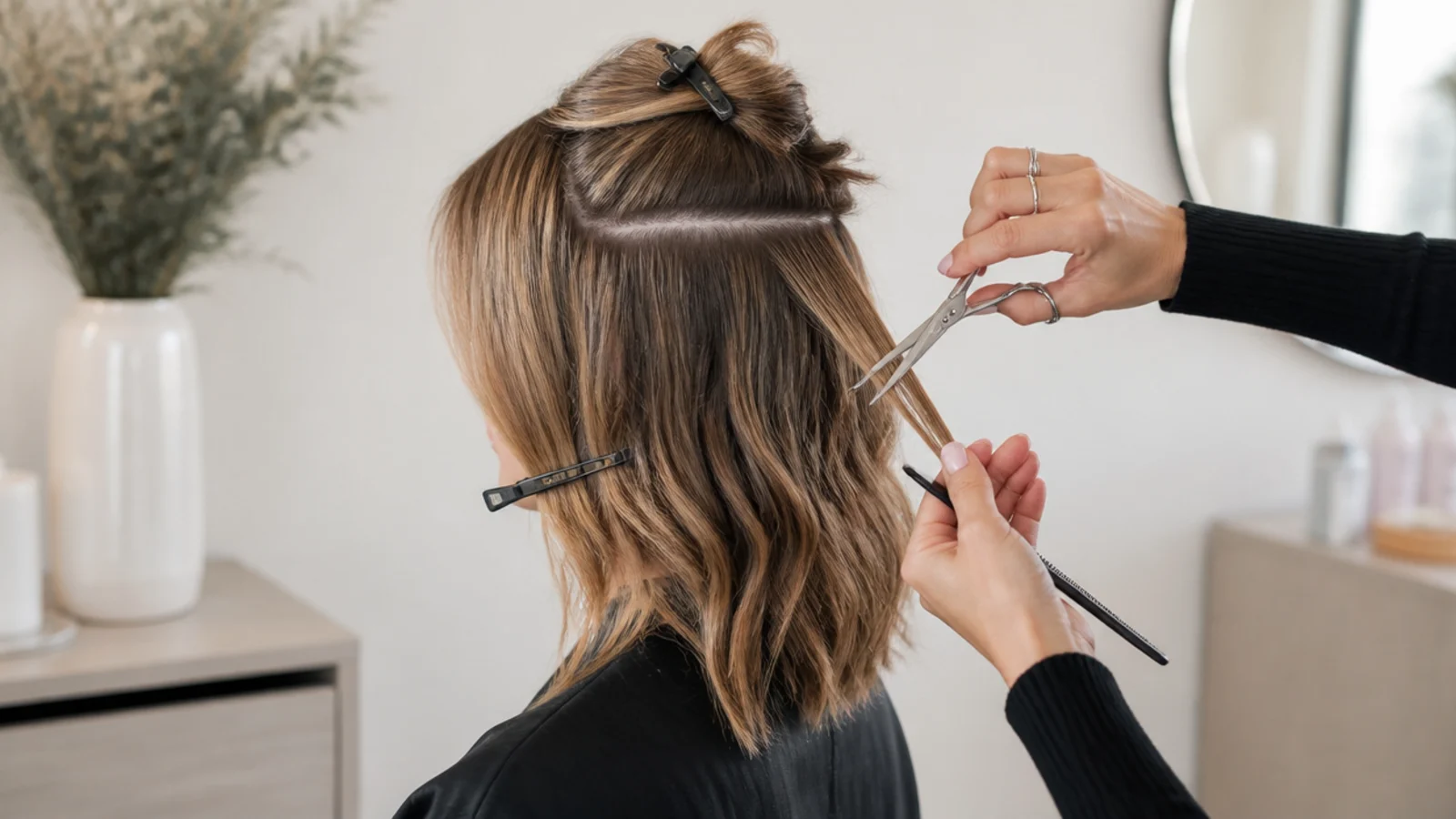 Mid length hair clipped into a top and bottom section with two inch snap clips
