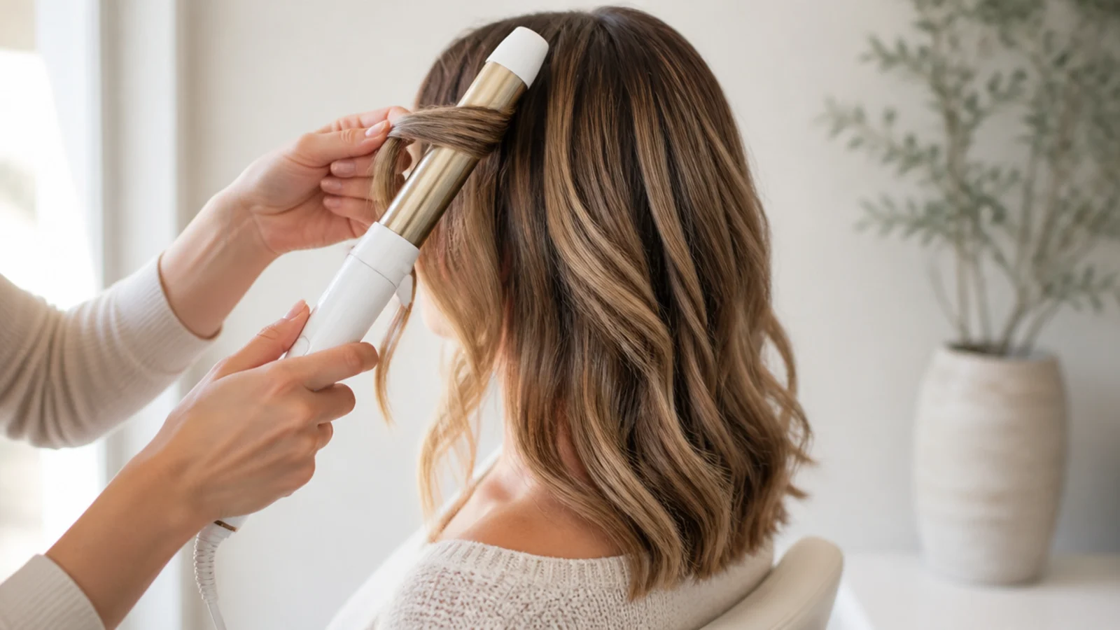 A 1.25 inch curling iron wrapping a section of mid length hair away from the face