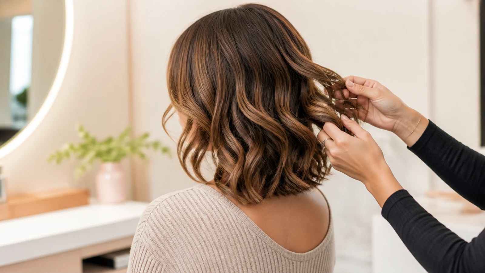 Cooled curls on mid length hair being loosened with fingers into soft waves