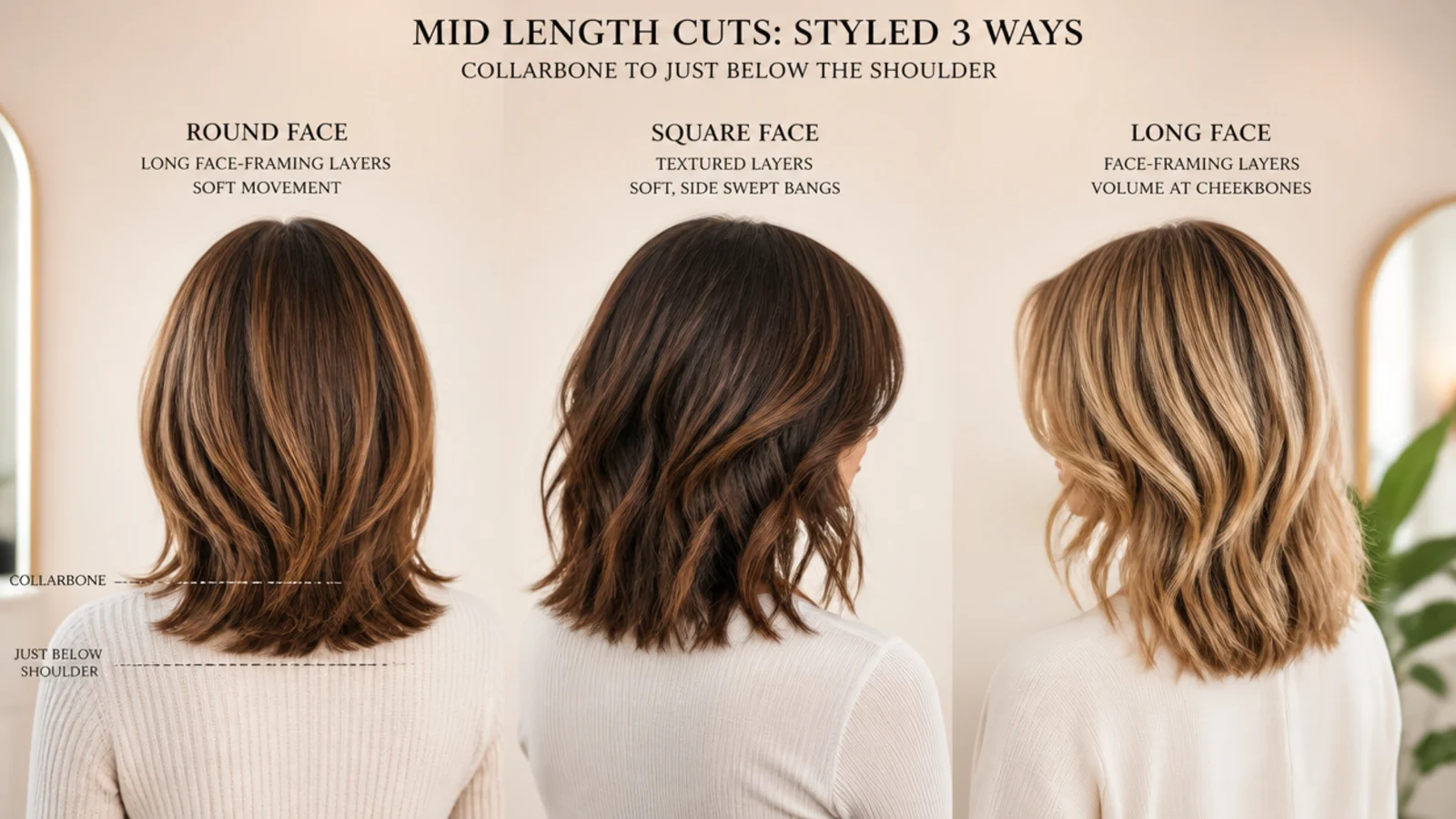 Mid length haircut styled three ways for round, square and long face shapes