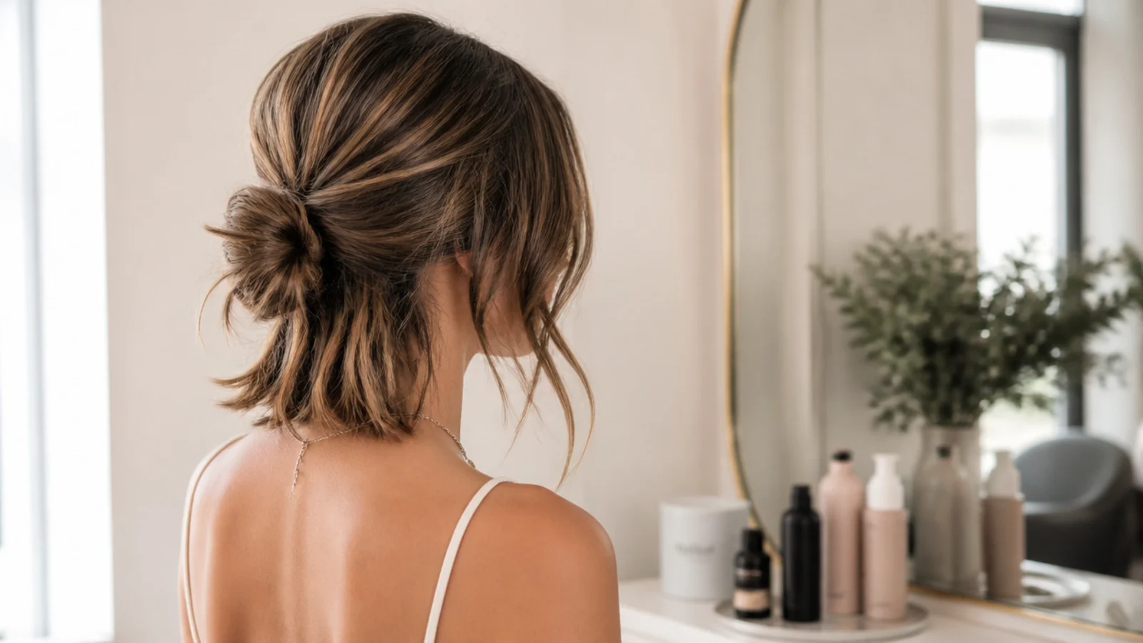 A small messy bun on shoulder length hair with ends escaping, showing the mid length styling problem