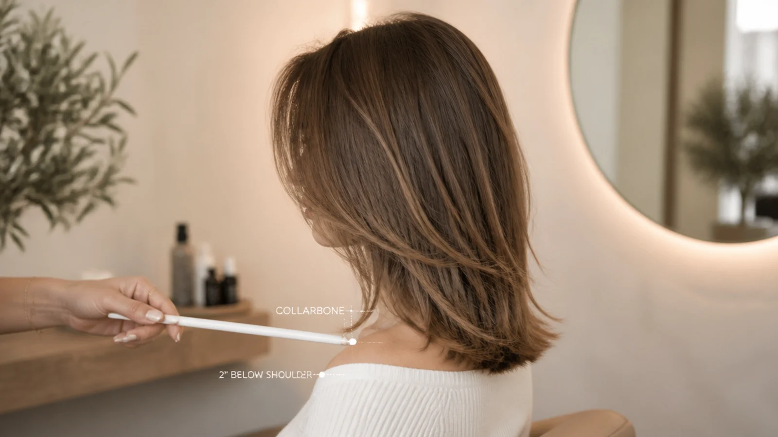 Mid length hair measured from the collarbone to two inches below the shoulder as a styling reference
