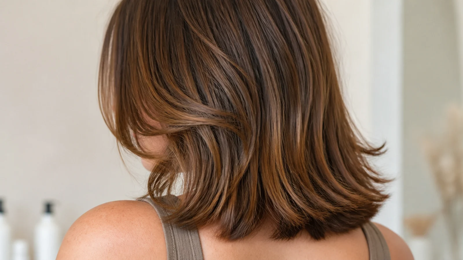 Mid length haircut with face-framing layers starting at the jaw on collarbone length hair