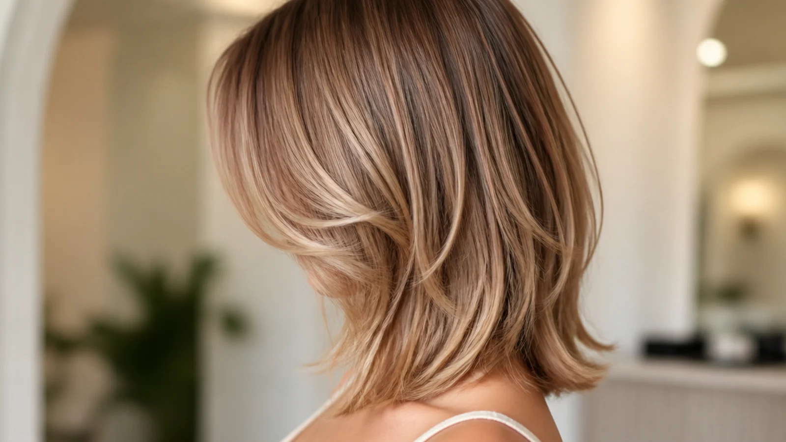 Curtain bangs parted in the middle over a collarbone length mid length haircut