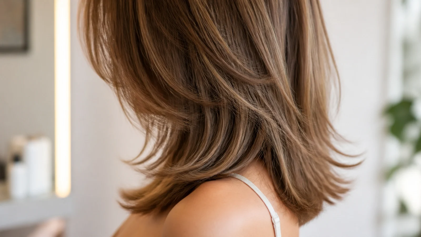 Butterfly cut mid length haircut with short crown layers over collarbone length ends