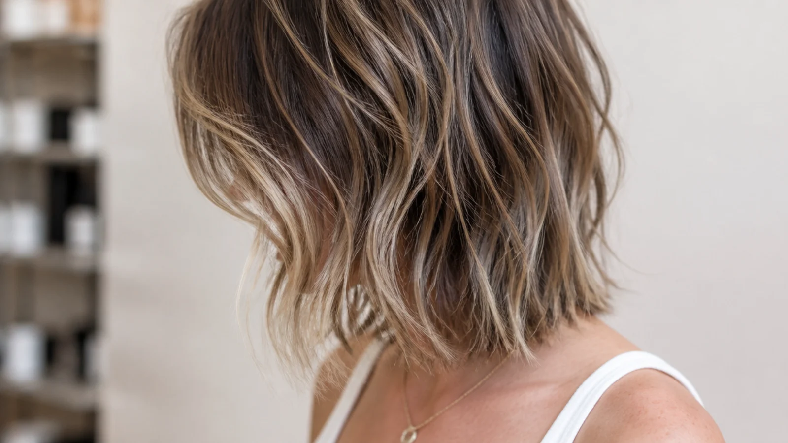 Shoulder grazing shag mid length haircut with choppy ends and heavy texture through the crown