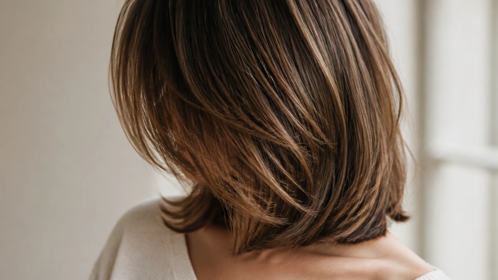 U-shape mid length haircut with a rounded perimeter on thick hair at below shoulder length