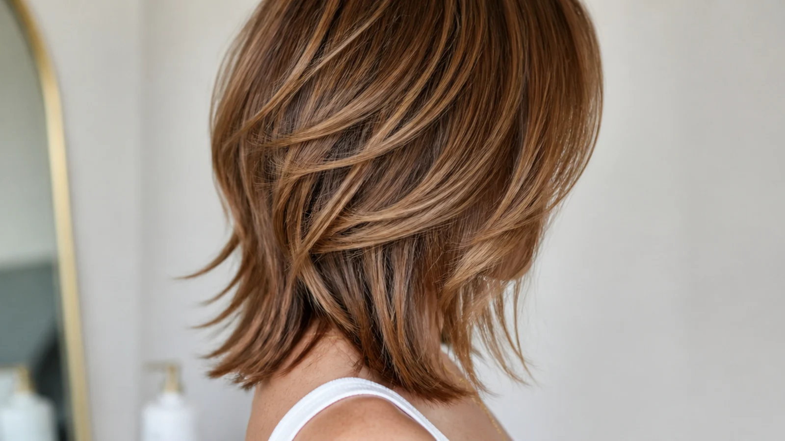 Wolf cut mid length haircut with disconnected crown layers over collarbone length hair