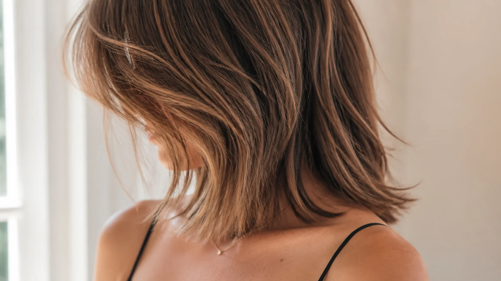 Over-layered mid length haircut on fine hair showing sparse thin ends at collarbone length