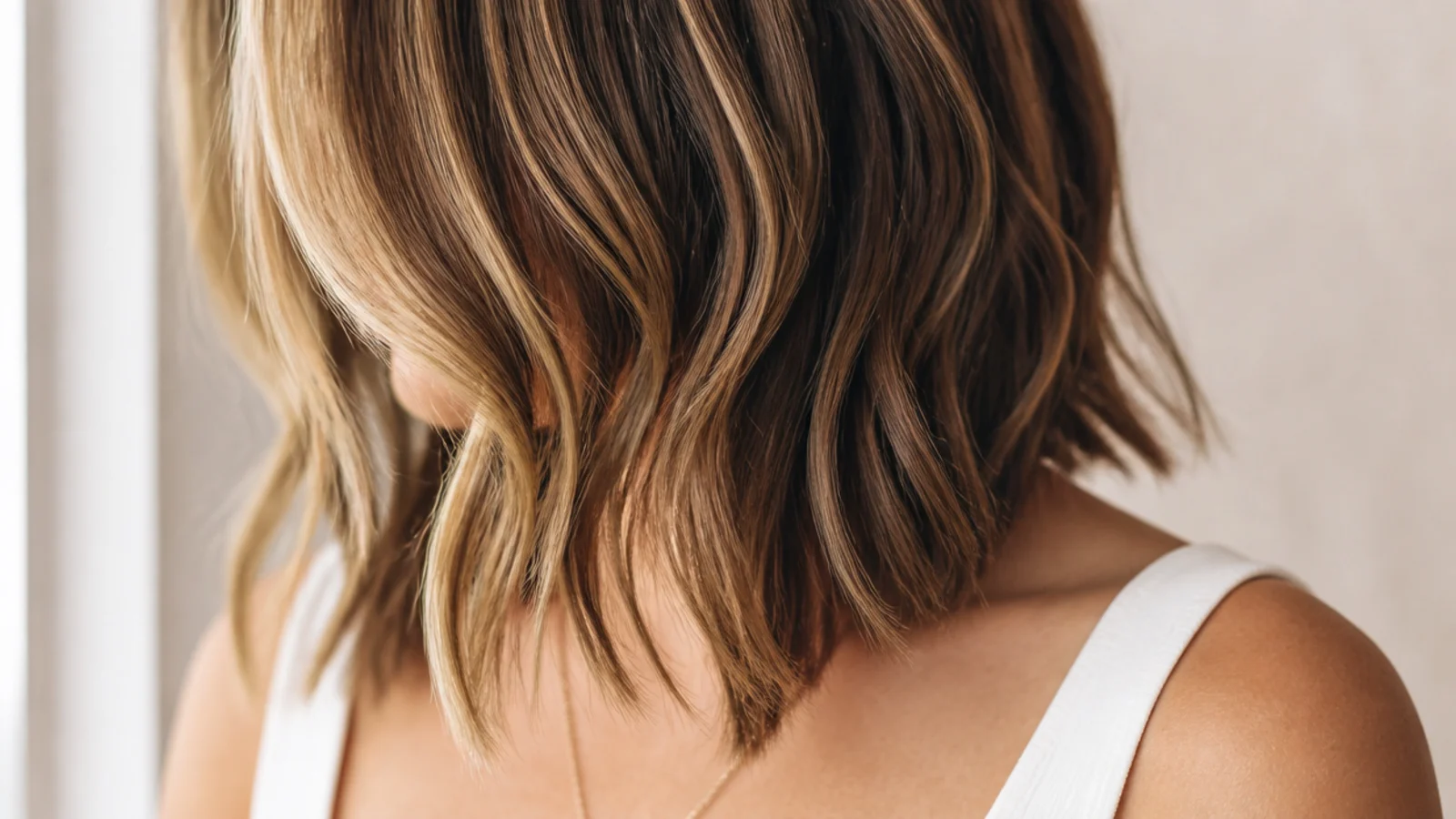 Money piece brightened front sections framing a collarbone length mid length haircut