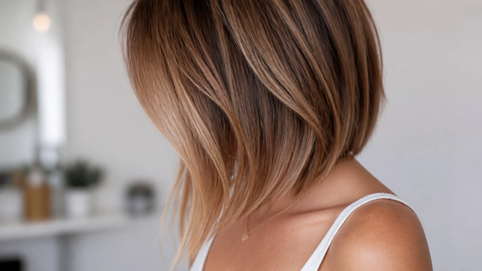 A-line lob mid length haircut cut shorter at the back and angled longer toward the collarbone