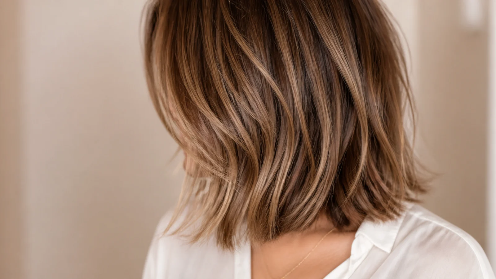 Mid length haircut styled with a deep side part for root volume at collarbone length