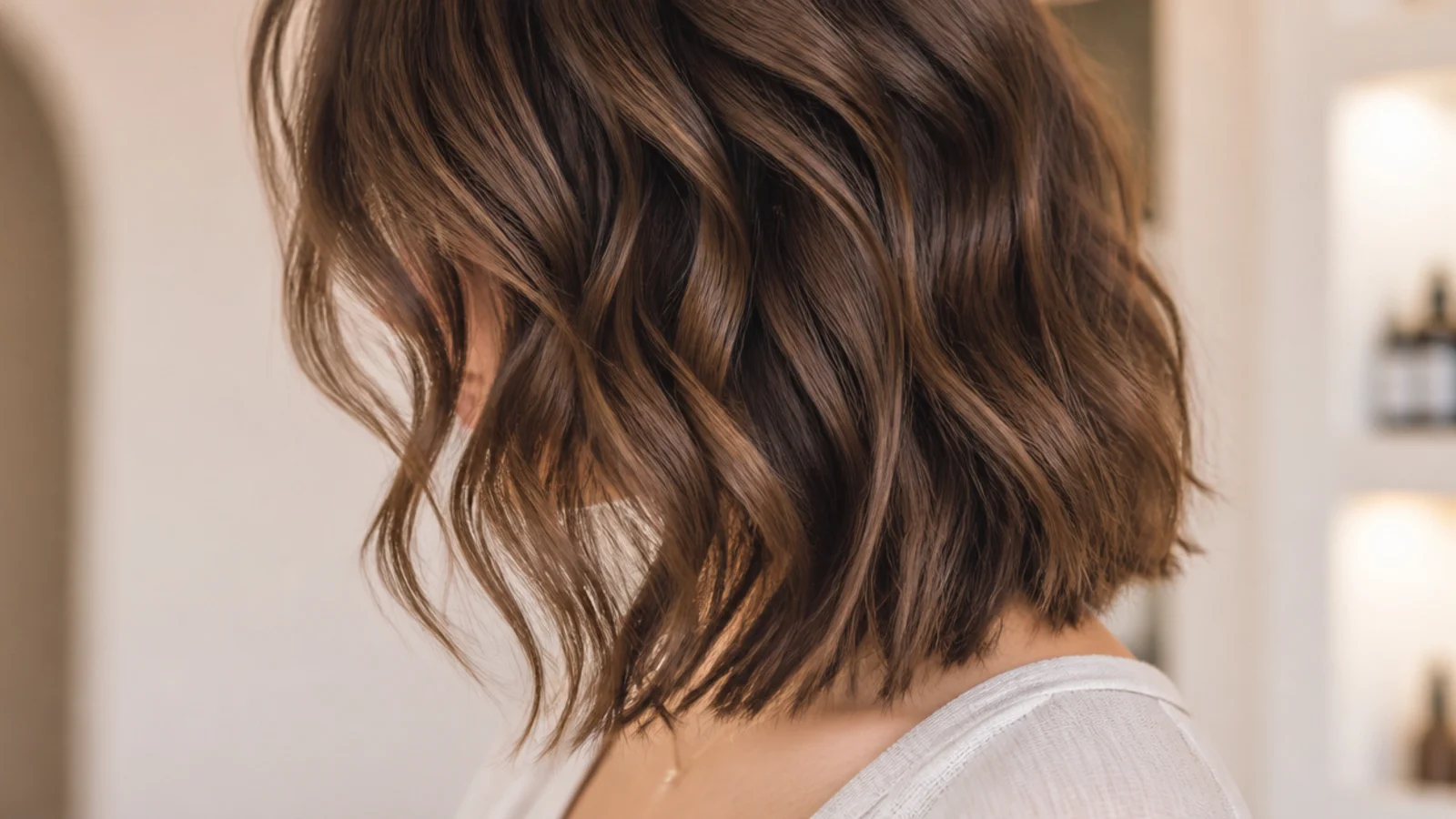 Wavy mid length haircut at collarbone length with weight left in the ends on 2B waves