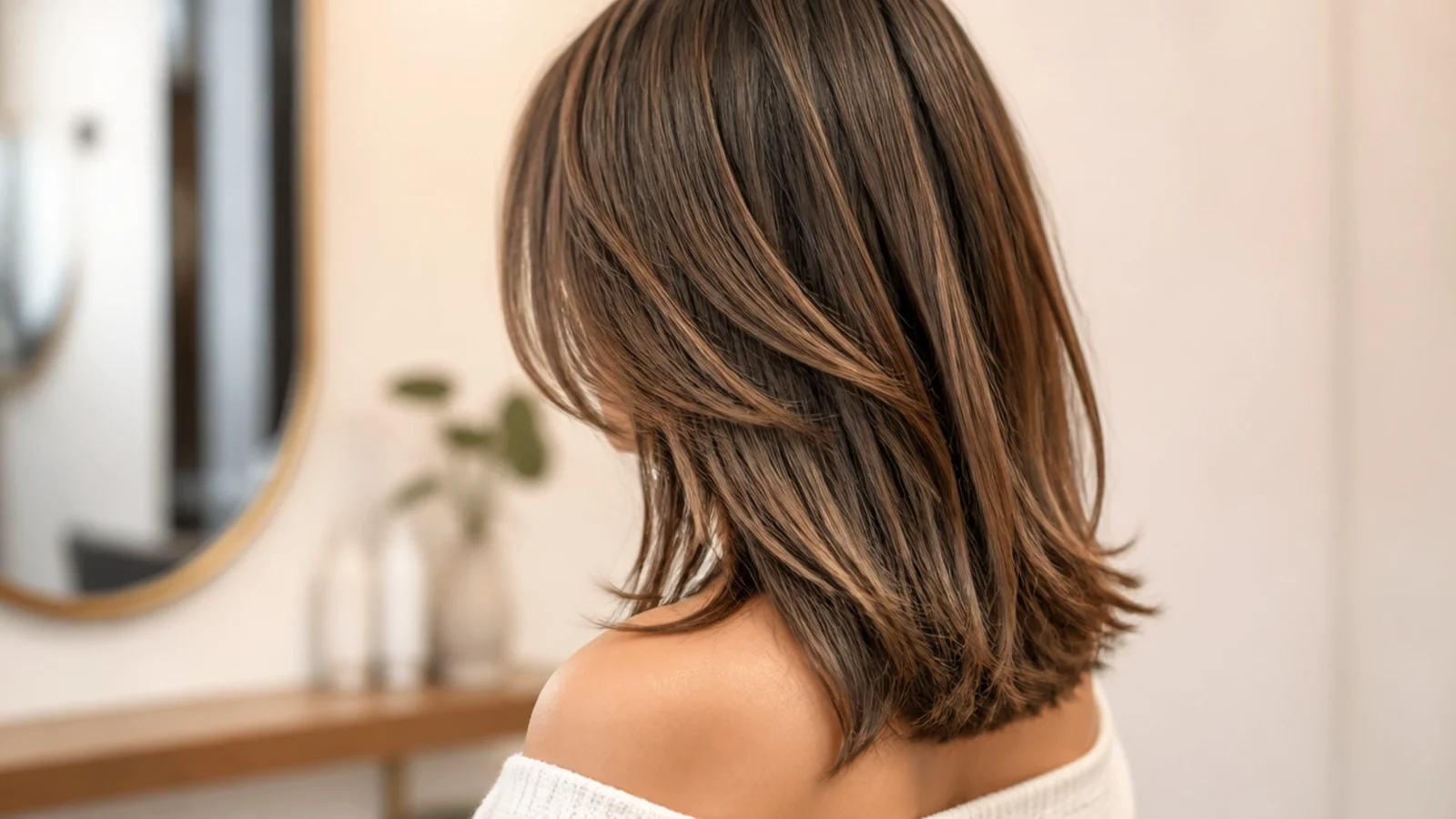 Mid length haircut grown out from collarbone length to two inches below the shoulder with long layers
