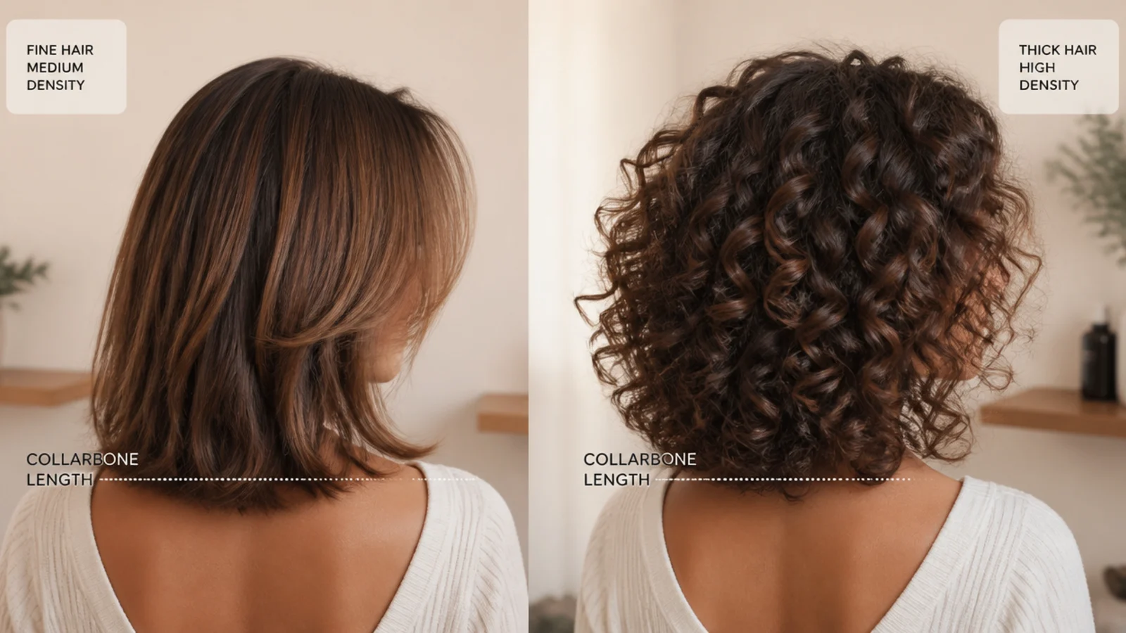 Fine thick and curly hair compared at the same collarbone length mid length haircut