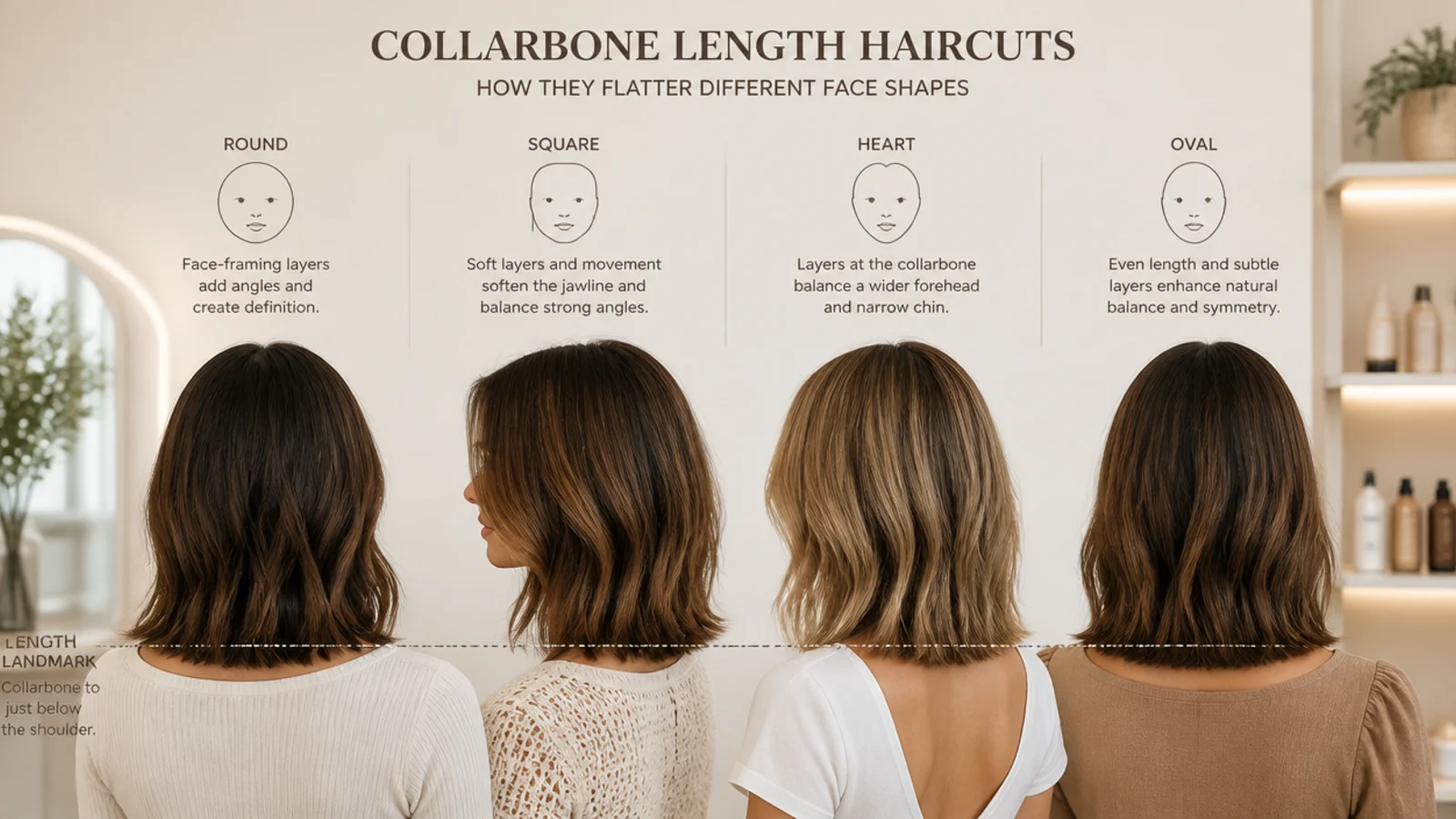 Mid length haircut compared by face shape on round square heart and oval faces at collarbone length