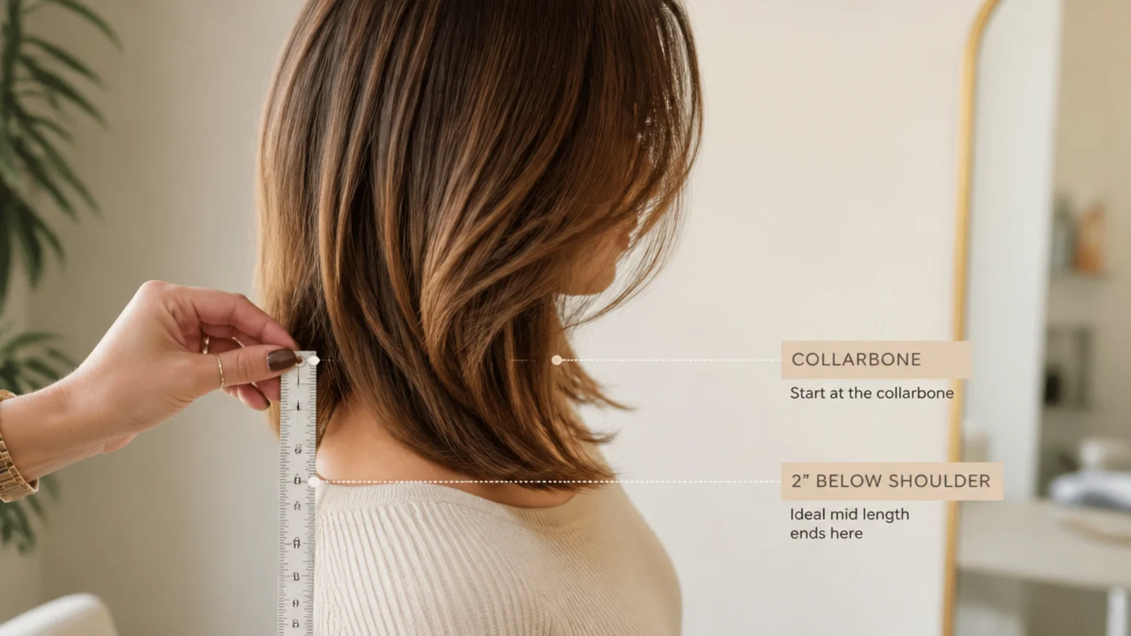 Measuring mid length haircut length from the collarbone to two inches below the shoulder
