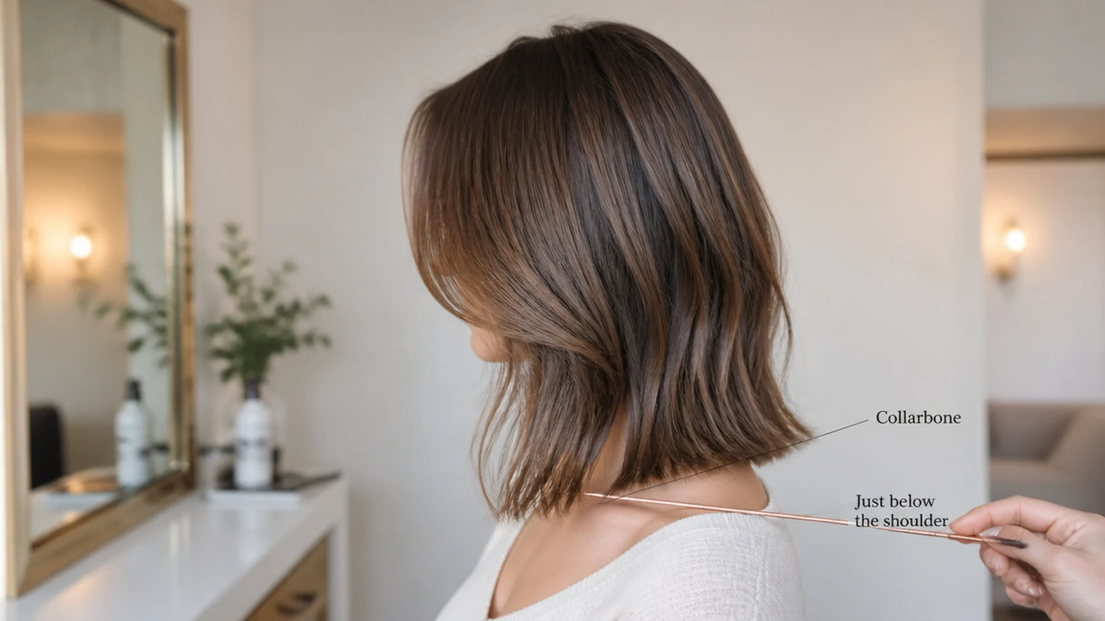 Asking for a collarbone length mid length haircut with long invisible layers and jaw face-framing