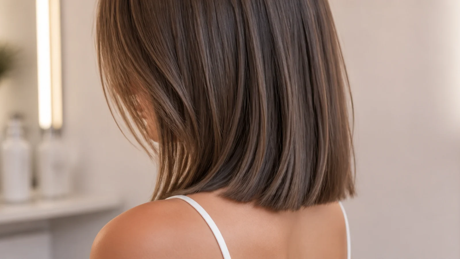 Blunt collarbone length mid length haircut with a heavy straight perimeter and no layers