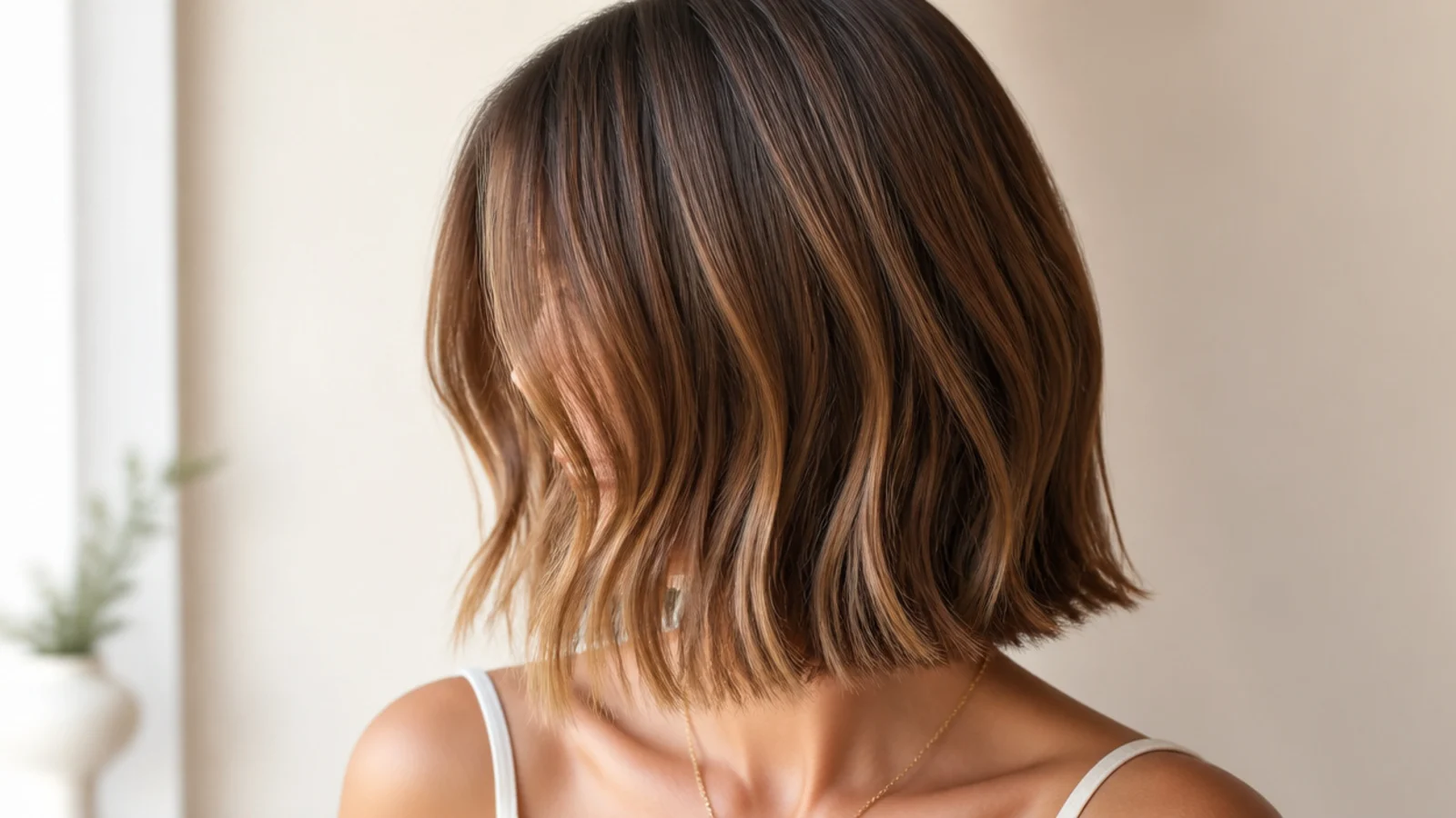Classic lob haircut ending one inch below the chin with soft ends and a center part