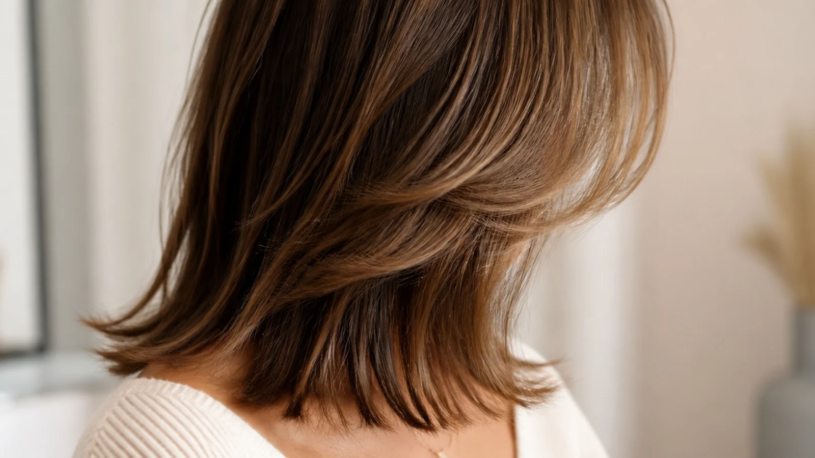 Mid length haircut with long invisible layers blended into a collarbone perimeter