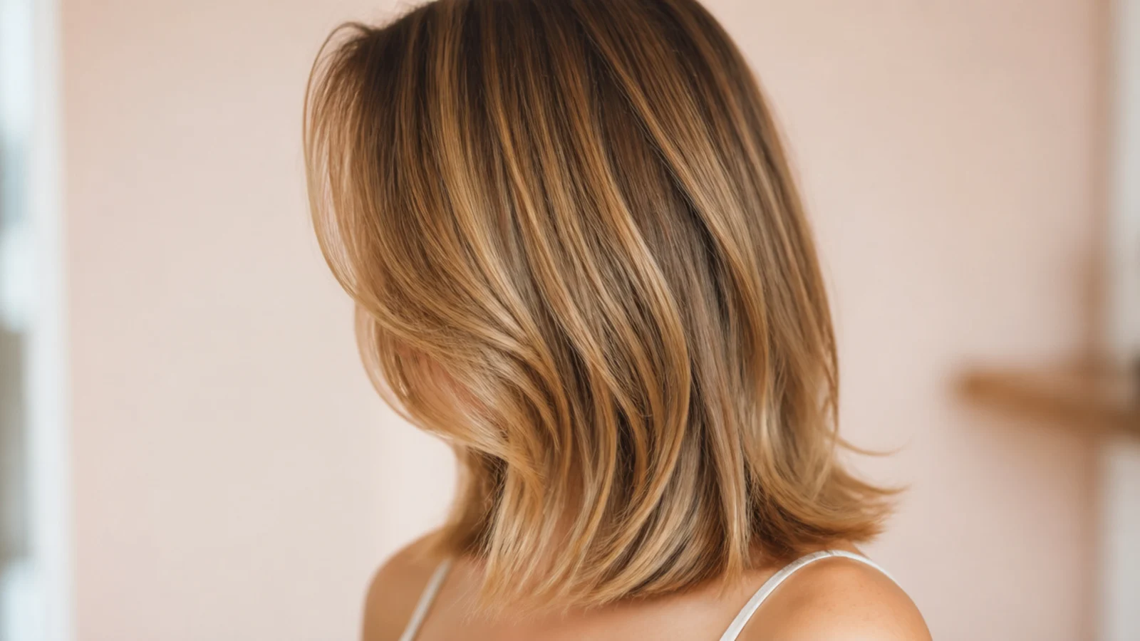 Mid length haircut with curtain bangs parted in the center and swept away from the cheekbones