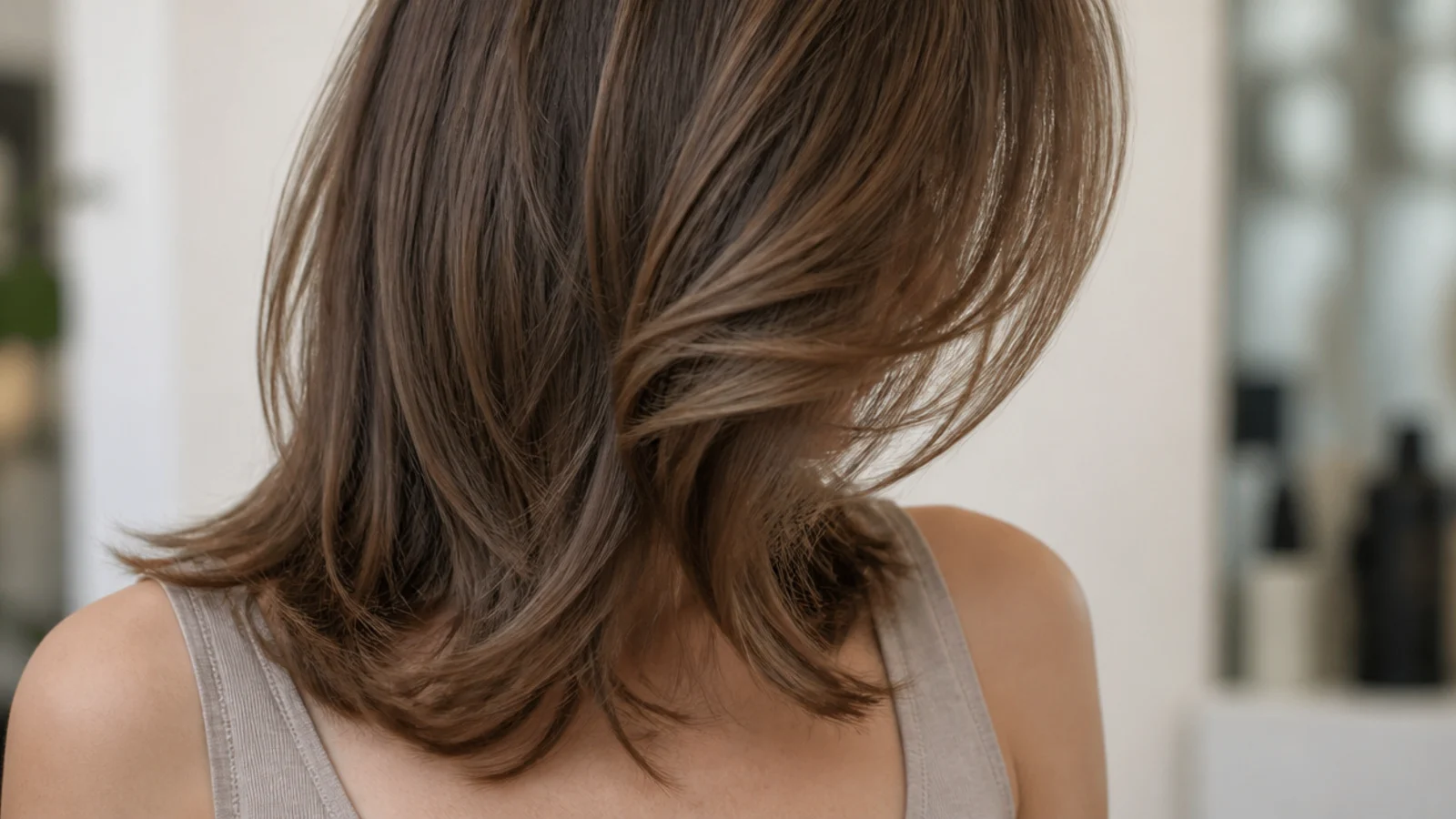 Mid length haircut with face-framing layers starting at the jaw and falling past the collarbone