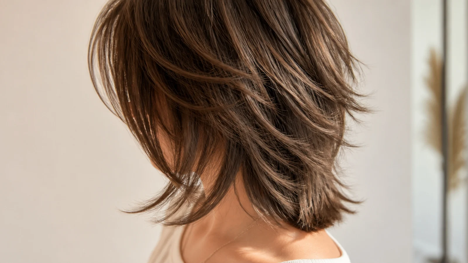 Modern shag mid length haircut with crown layers, textured ends and a wispy fringe