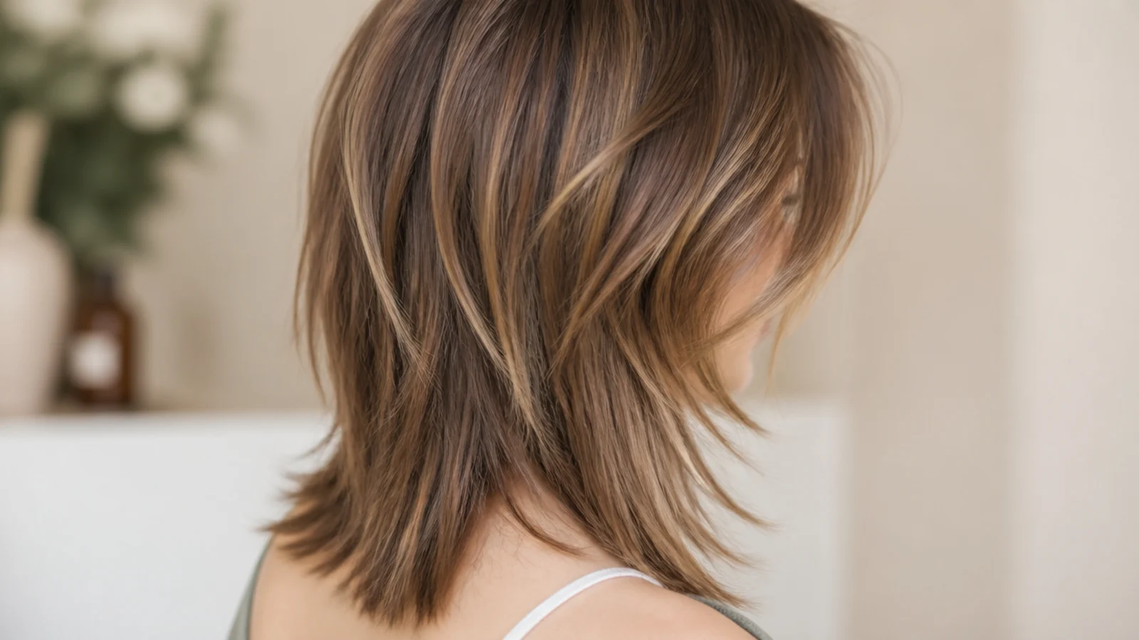 Mid length wolf cut with heavy disconnected crown layers and wispy shoulder length ends