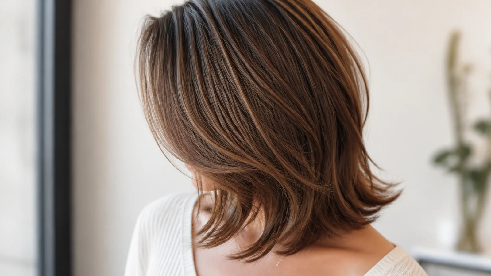 U-shape mid length haircut with a rounded perimeter curving from the front to the back