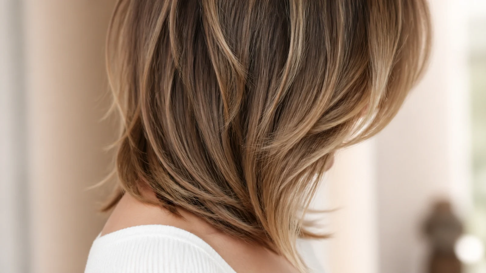 V-cut mid length haircut with a pointed back perimeter and long front sections