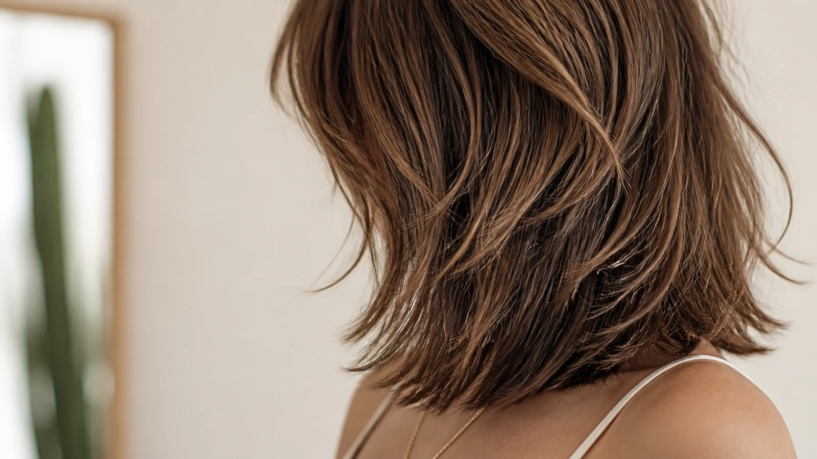 Choppy mid length haircut with visibly point-cut textured ends at shoulder length