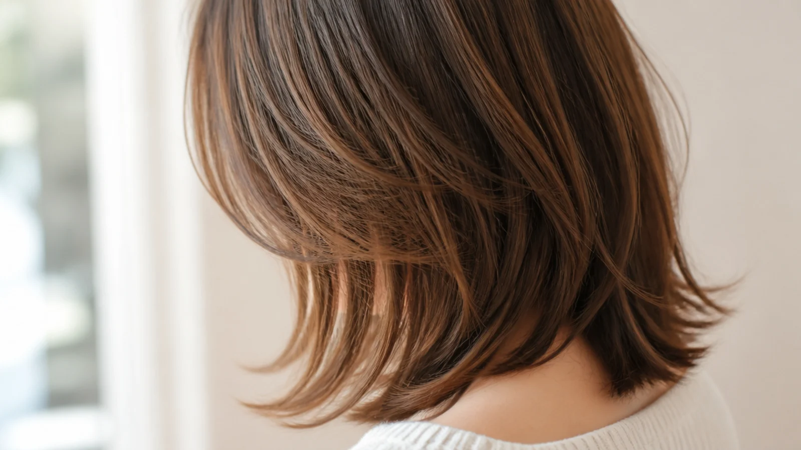 Mid length haircut for fine hair with only two long layers and a dense collarbone perimeter
