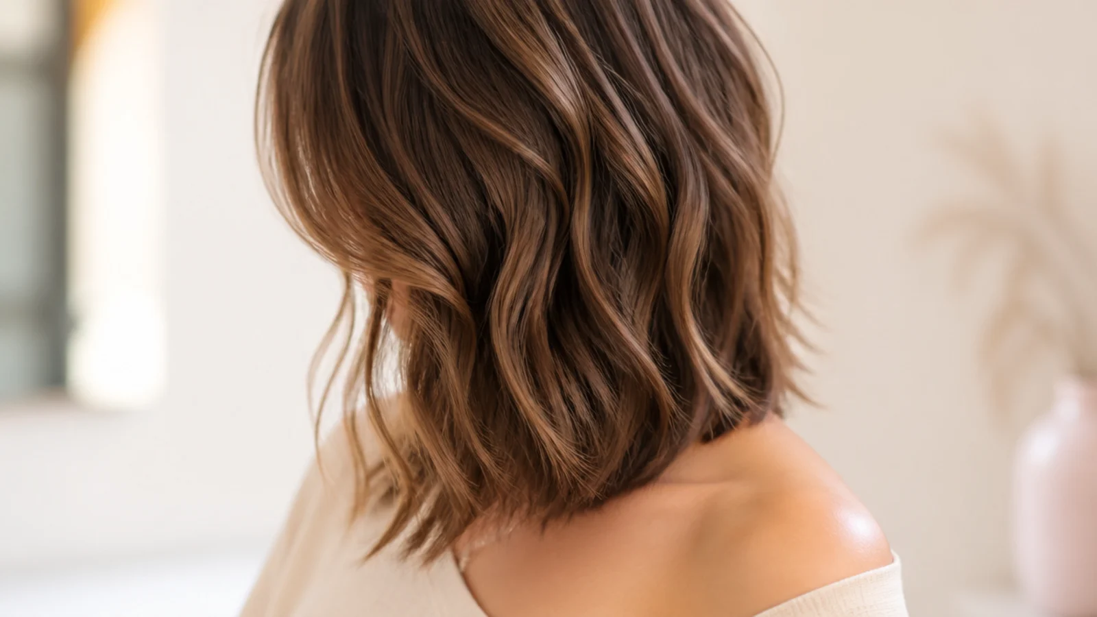 Wavy 2B mid length haircut with angled face framing and an S-bend through the mid-lengths