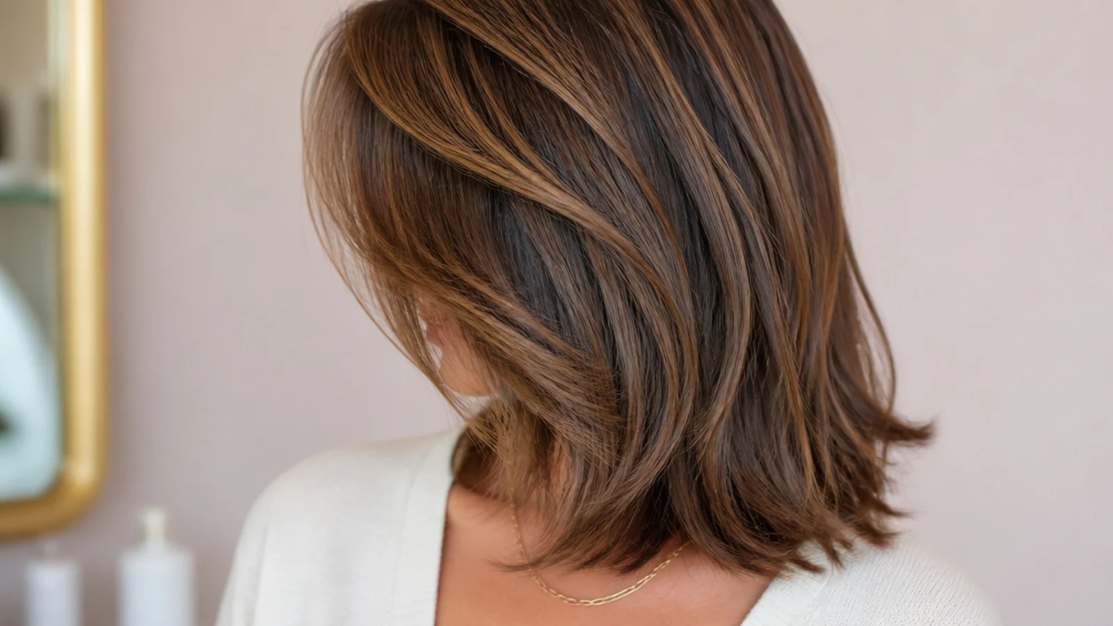 Mid length haircut with a deep side part creating root lift over one side of the crown