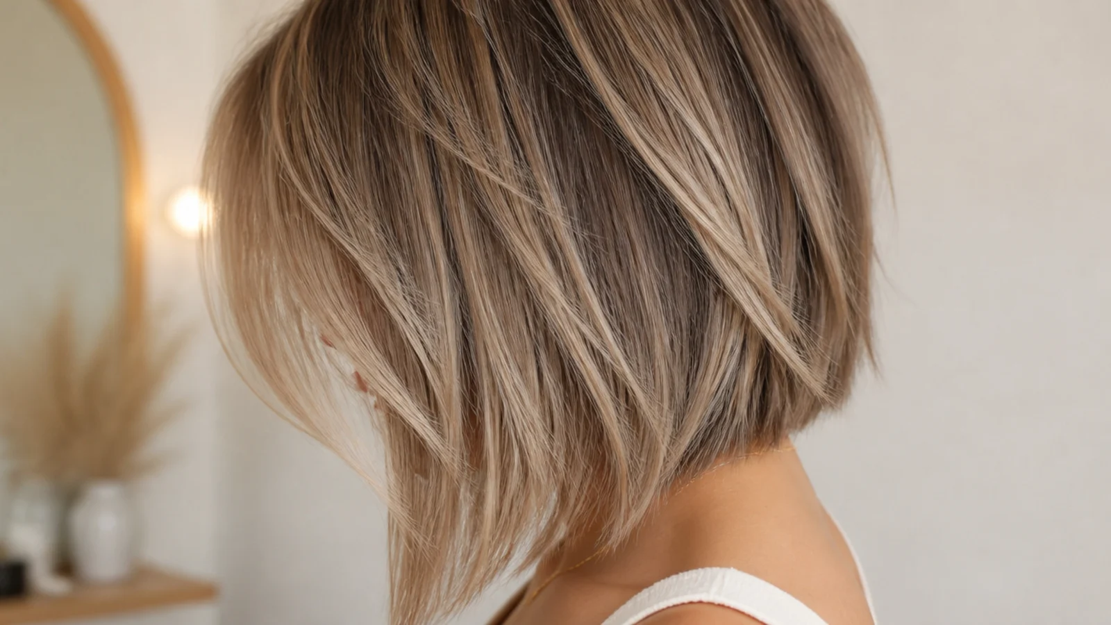 A-line lob mid length haircut cut shorter at the back and angled longer toward the front